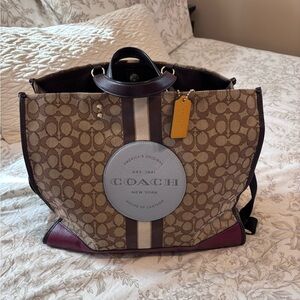 Coach Brown Signature Canvas Tote with Burgundy Accents and Yellow Tag